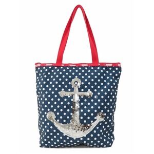 LeSportsac Tote Bag‎ Polka Dots Anchor Sequins Navy Red White Beach Nautical Zip